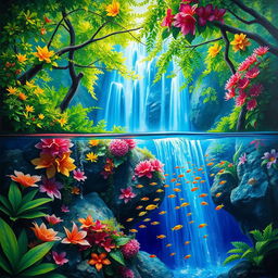 A polished, wet oil-based painting depicting a full macro view of bright green hue lush trees intertwined with vibrant, colorful flowers, set within an immersive jungle fantasy