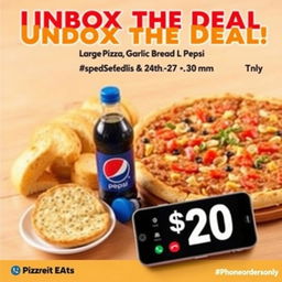 A scrumptious spread featuring a large traditional pizza with a variety of colorful toppings, garlic bread slices artfully arranged next to a chilled bottle of 1