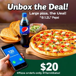 A scrumptious spread featuring a large traditional pizza with a variety of colorful toppings, garlic bread slices artfully arranged next to a chilled bottle of 1