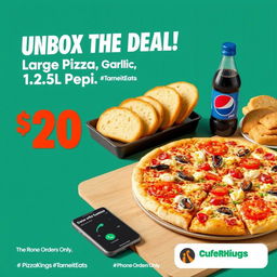 A scrumptious spread featuring a large traditional pizza with a variety of colorful toppings, garlic bread slices artfully arranged next to a chilled bottle of 1