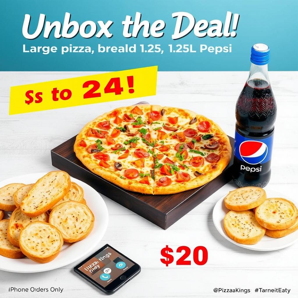 A scrumptious spread featuring a large traditional pizza with a variety of colorful toppings, garlic bread slices artfully arranged next to a chilled bottle of 1