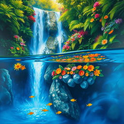 A polished, wet oil-based painting illustrating a full macro view of vibrant green-hued lush trees and a diverse array of colorful flowers within an immersive jungle fantasy