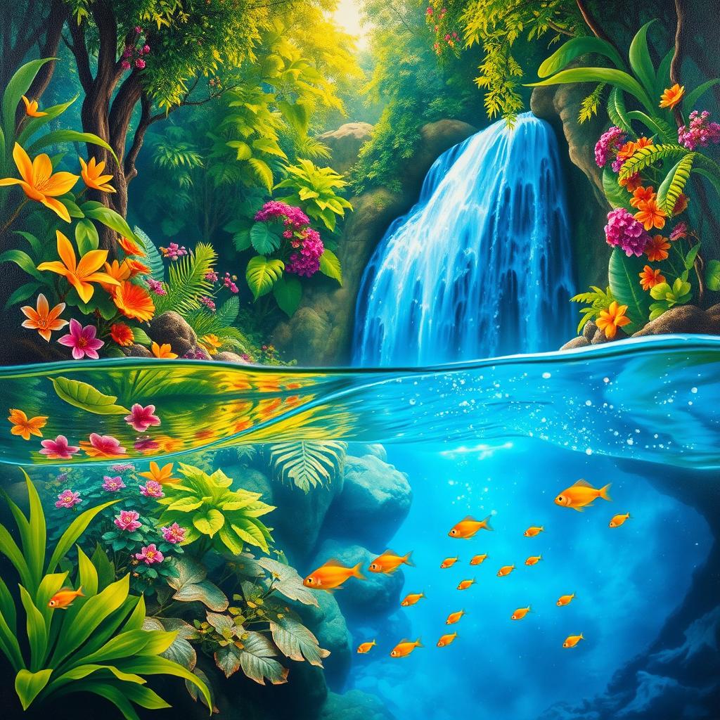 A polished, wet oil-based painting illustrating a full macro view of vibrant green-hued lush trees and a diverse array of colorful flowers within an immersive jungle fantasy