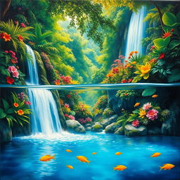 A polished, wet oil-based painting illustrating a full macro view of vibrant green-hued lush trees and a diverse array of colorful flowers within an immersive jungle fantasy