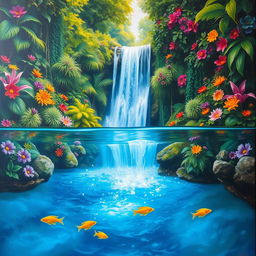 A polished, wet oil-based painting illustrating a full macro view of vibrant green-hued lush trees and a diverse array of colorful flowers within an immersive jungle fantasy