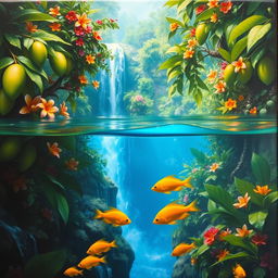 A polished, wet oil-based painting showcasing a full macro view of vibrant green-hued lush mango trees adorned with colorful flowers, all within an immersive jungle fantasy