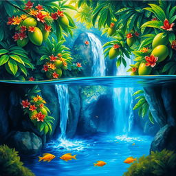 A polished, wet oil-based painting showcasing a full macro view of vibrant green-hued lush mango trees adorned with colorful flowers, all within an immersive jungle fantasy