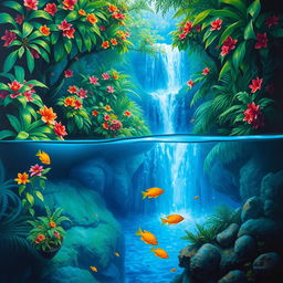 A polished, wet oil-based painting showcasing a full macro view of vibrant green-hued lush mango trees adorned with colorful flowers, all within an immersive jungle fantasy