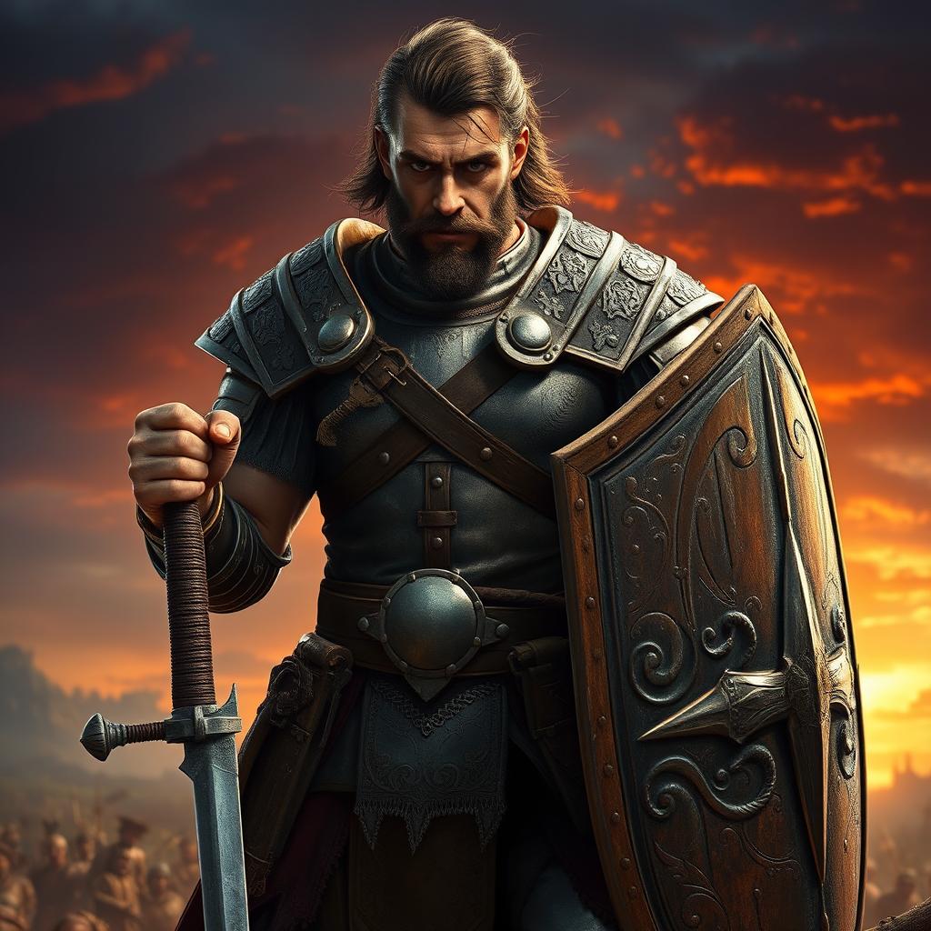 A rugged human fighter standing in a battle-ready pose, gripping a sleek sword in one hand and a sturdy shield in the other