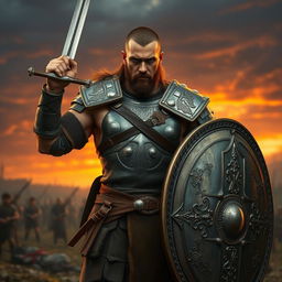 A rugged human fighter standing in a battle-ready pose, gripping a sleek sword in one hand and a sturdy shield in the other