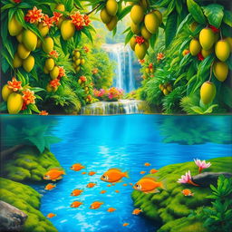 A polished, solid oil-based painting showcasing a full macro view of bright green-hued lush mango trees intertwined with colorful flowers, set within an immersive jungle fantasy