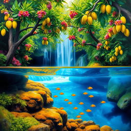 A polished, solid oil-based painting showcasing a full macro view of bright green-hued lush mango trees intertwined with colorful flowers, set within an immersive jungle fantasy