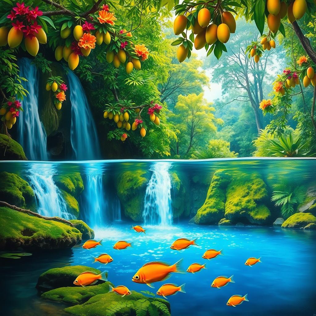 A polished, solid oil-based painting showcasing a full macro view of bright green-hued lush mango trees intertwined with colorful flowers, set within an immersive jungle fantasy