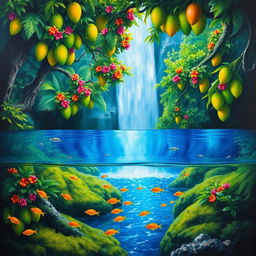 A polished, solid oil-based painting showcasing a full macro view of bright green-hued lush mango trees intertwined with colorful flowers, set within an immersive jungle fantasy