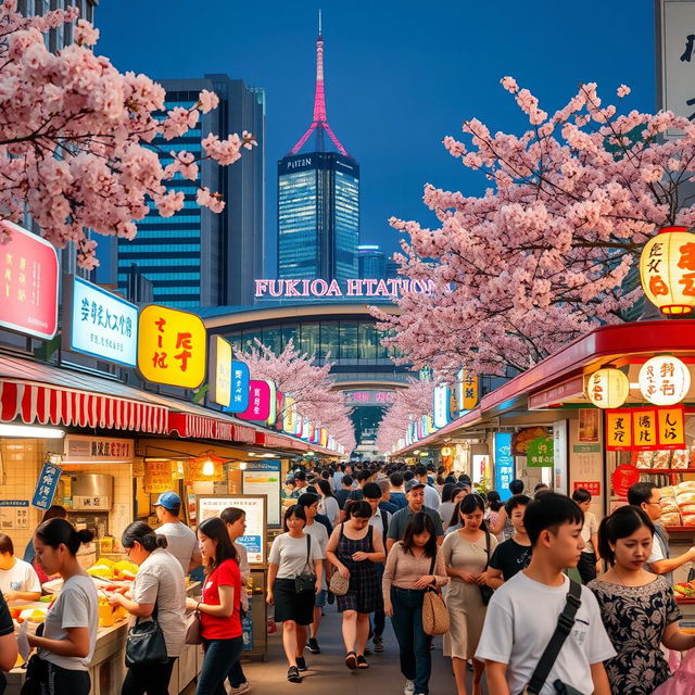 A bustling scene of Fukuoka Hakata, capturing the vibrant energy of the city