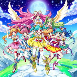 A vibrant and colorful scene featuring a group of magical girl warriors from an anime series similar to Pretty Cure