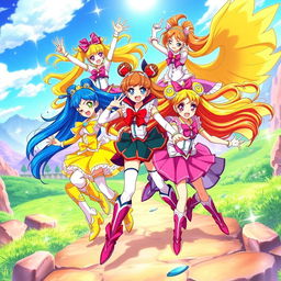 A vibrant and colorful scene featuring a group of magical girl warriors from an anime series similar to Pretty Cure