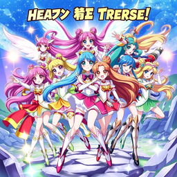 A vibrant and colorful scene featuring a group of magical girl warriors from an anime series similar to Pretty Cure