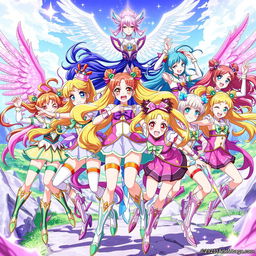 A vibrant and colorful scene featuring a group of magical girl warriors from an anime series similar to Pretty Cure