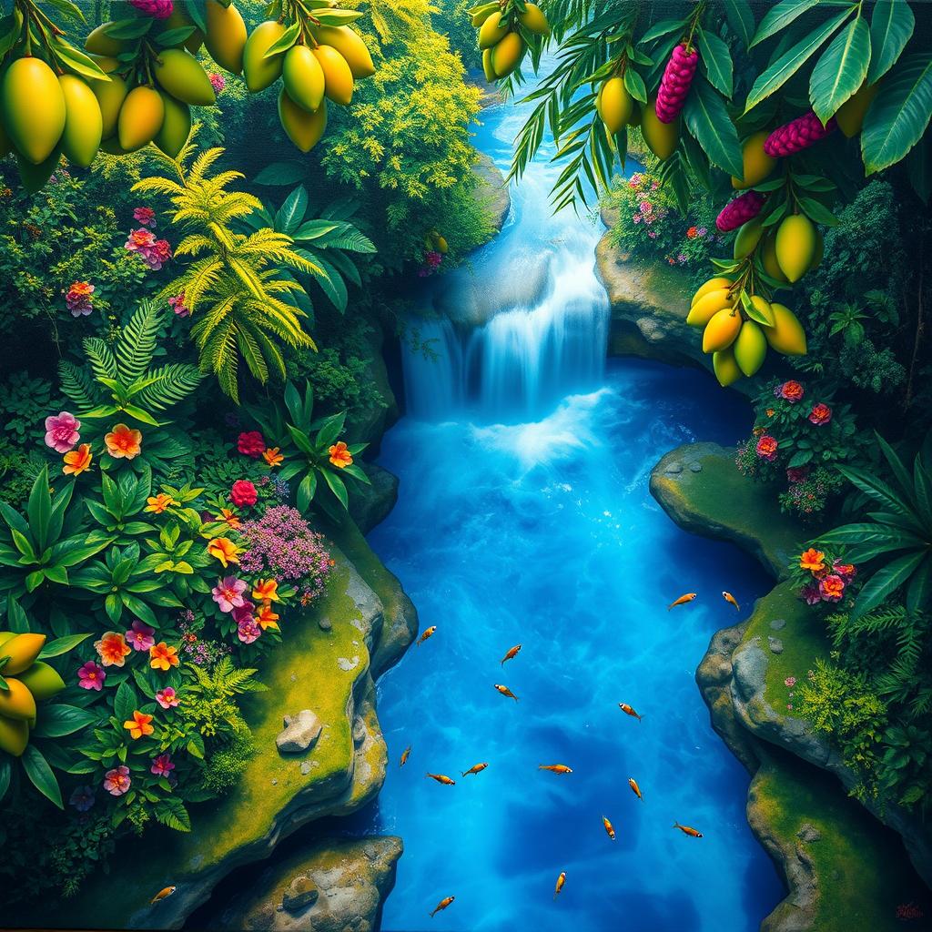 A polished, solid oil-based painting featuring a full macro aerial view of bright green-hued lush mango trees interspersed with colorful flowers within an immersive jungle fantasy