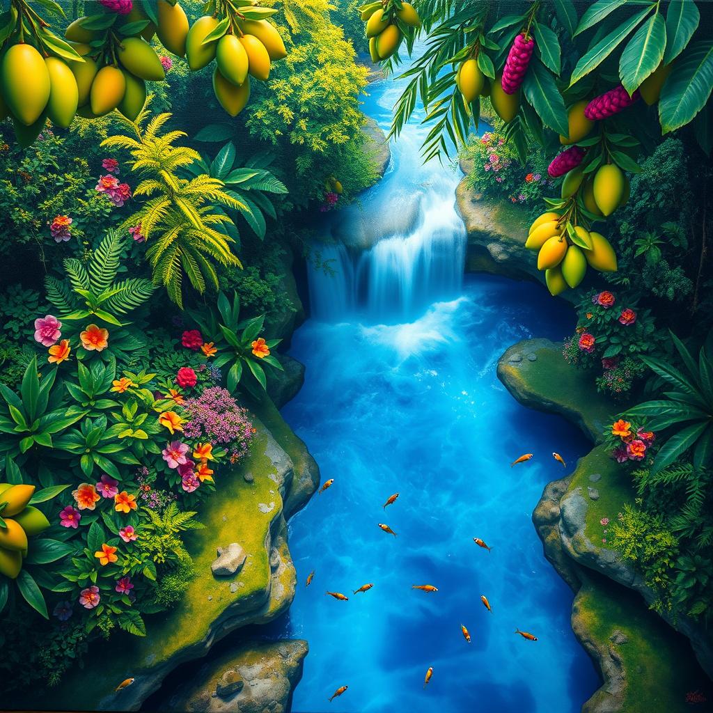 A polished, solid oil-based painting featuring a full macro aerial view of bright green-hued lush mango trees interspersed with colorful flowers within an immersive jungle fantasy