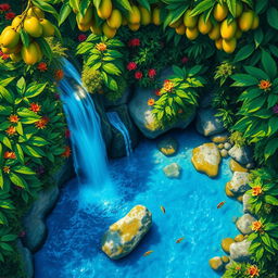 A polished, solid oil-based painting featuring a full macro aerial view of bright green-hued lush mango trees interspersed with colorful flowers within an immersive jungle fantasy