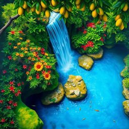 A polished, solid oil-based painting featuring a full macro aerial view of bright green-hued lush mango trees interspersed with colorful flowers within an immersive jungle fantasy