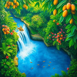 A polished, solid oil-based painting featuring a full macro aerial view of bright green-hued lush mango trees interspersed with colorful flowers within an immersive jungle fantasy