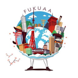 A symbolic artwork depicting Fukuoka standing strong against the world, representing a sense of pride and resilience