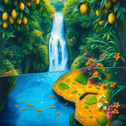 A polished, solid oil-based painting depicting a full macro aerial view of vivid green-hued lush mango trees intermingled with colorful flowers within an immersive jungle fantasy