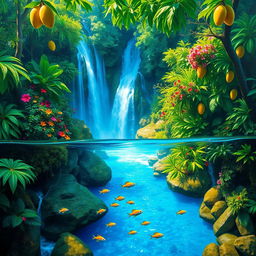 A polished, solid oil-based painting depicting a full macro aerial view of vivid green-hued lush mango trees intermingled with colorful flowers within an immersive jungle fantasy