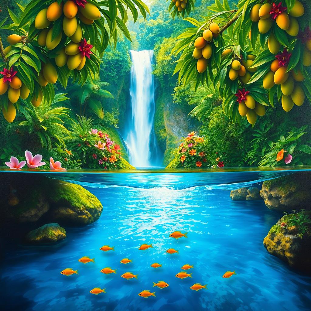 A polished, solid oil-based painting depicting a full macro aerial view of vivid green-hued lush mango trees intermingled with colorful flowers within an immersive jungle fantasy