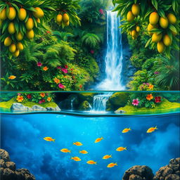 A polished, solid oil-based painting depicting a full macro aerial view of vivid green-hued lush mango trees intermingled with colorful flowers within an immersive jungle fantasy