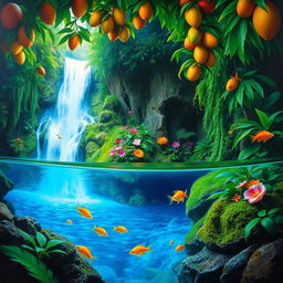 A polished, solid oil-based painting featuring a full macro worm's eye view of vivid green-hued lush mango trees and colorful flowers in an immersive jungle fantasy