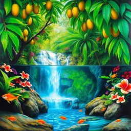 A polished, solid oil-based painting featuring a full macro worm's eye view of vivid green-hued lush mango trees and colorful flowers in an immersive jungle fantasy