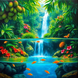 A polished, solid oil-based painting featuring a full macro worm's eye view of vivid green-hued lush mango trees and colorful flowers in an immersive jungle fantasy