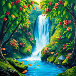 A polished, solid oil-based painting depicting a full macro worm's eye view of vibrant green-hued lush mango trees adorned with colorful flowers, set within an immersive jungle fantasy