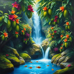 A polished, solid oil-based painting depicting a full macro worm's eye view of vibrant green-hued lush mango trees adorned with colorful flowers, set within an immersive jungle fantasy