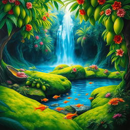 A polished, solid oil-based painting depicting a full macro worm's eye view of vibrant green-hued lush mango trees adorned with colorful flowers, set within an immersive jungle fantasy