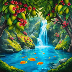 A polished, solid oil-based painting depicting a full macro worm's eye view of vibrant green-hued lush mango trees adorned with colorful flowers, set within an immersive jungle fantasy