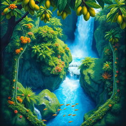 A polished, solid oil-based painting illustrating a full macro aerial view of vivid green-hued lush mango trees dotted with colorful flowers within an immersive jungle fantasy