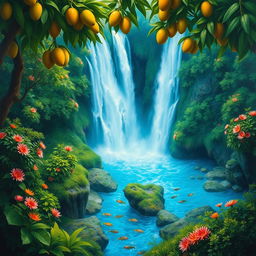 A polished, solid oil-based painting illustrating a full macro aerial view of vivid green-hued lush mango trees dotted with colorful flowers within an immersive jungle fantasy
