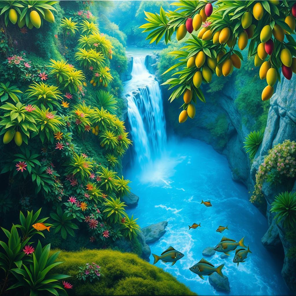 A polished, solid oil-based painting illustrating a full macro aerial view of vivid green-hued lush mango trees dotted with colorful flowers within an immersive jungle fantasy