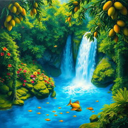 A polished, solid oil-based painting illustrating a full macro aerial view of vivid green-hued lush mango trees dotted with colorful flowers within an immersive jungle fantasy