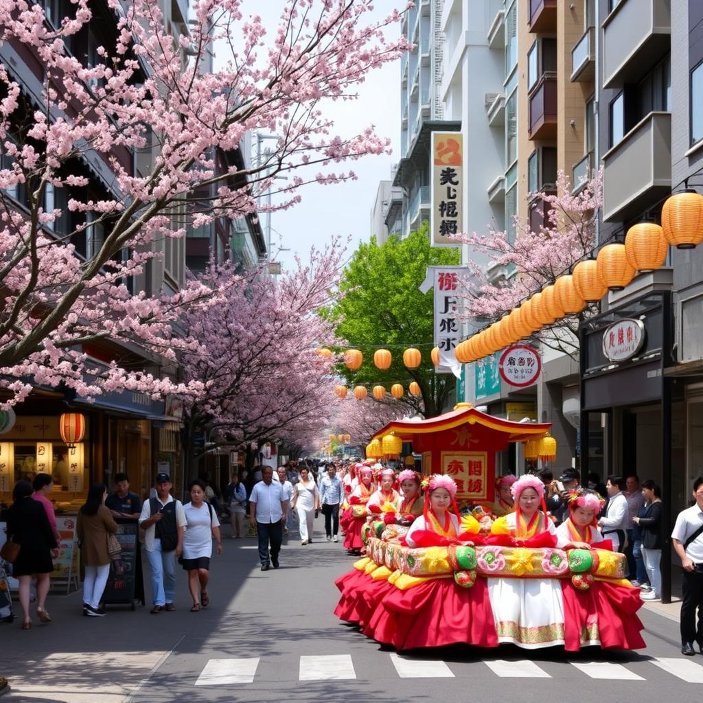 A vibrant street scene in Hakata, Fukuoka, showcasing a blend of traditional and modern architecture