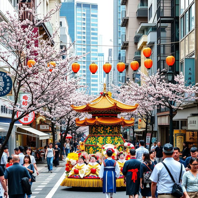 A vibrant street scene in Hakata, Fukuoka, showcasing a blend of traditional and modern architecture