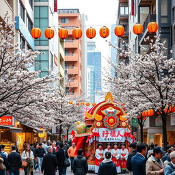 A vibrant street scene in Hakata, Fukuoka, showcasing a blend of traditional and modern architecture