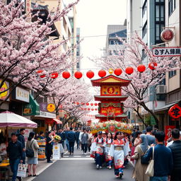 A vibrant street scene in Hakata, Fukuoka, showcasing a blend of traditional and modern architecture