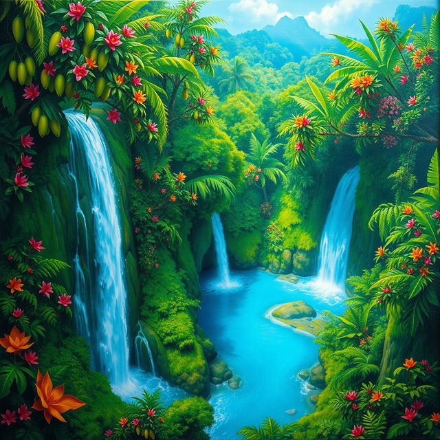 A polished, solid oil-based painting illustrating a full macro aerial view of bright green lush mango trees adorned with colorful flowers in an immersive jungle fantasy