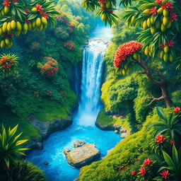 A polished, solid oil-based painting illustrating a full macro aerial view of bright green lush mango trees adorned with colorful flowers in an immersive jungle fantasy